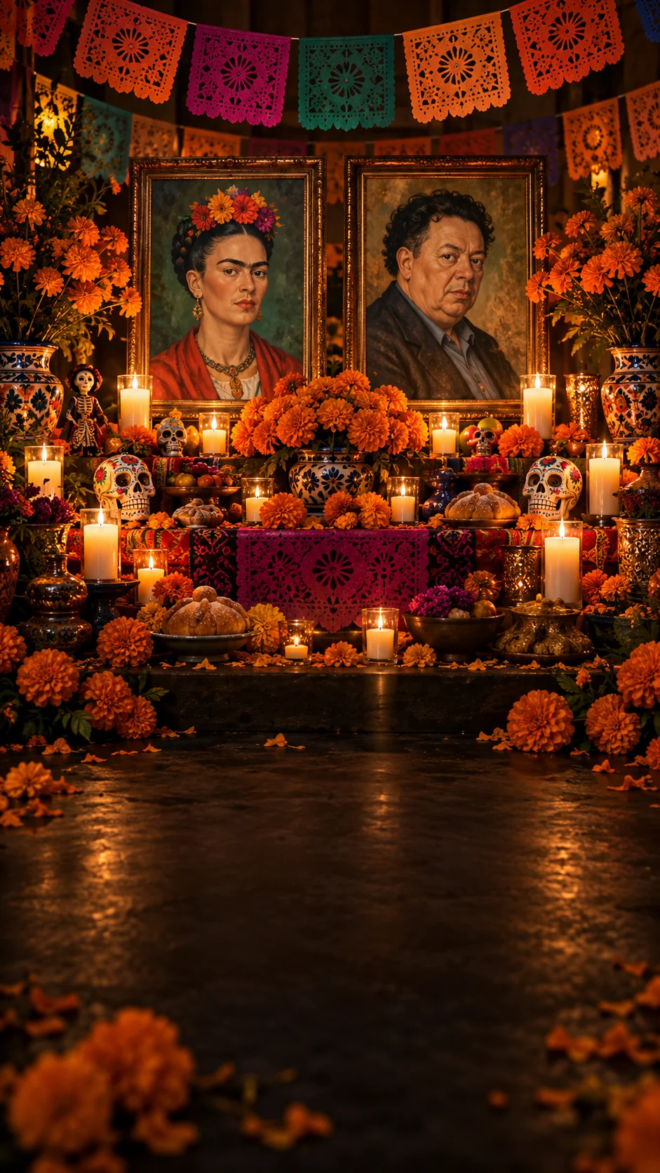 Representación de un altar dedicado a Frida Kahlo y Diego Rivera, con retratos, flores y velas