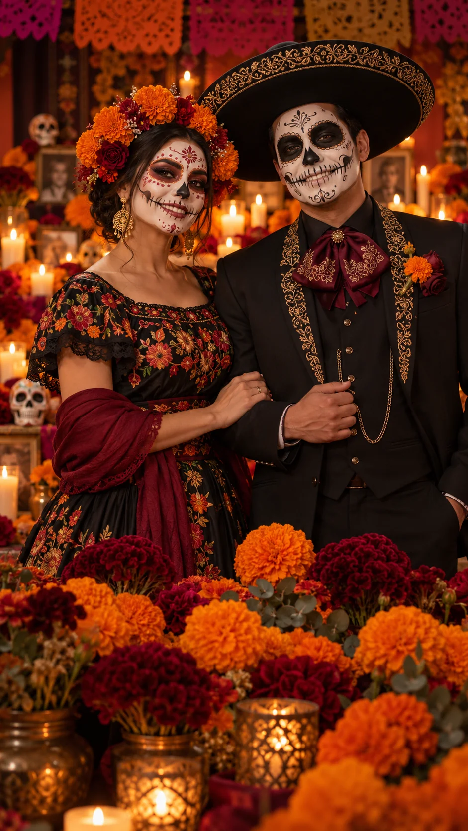 Catrín y catrina con vestuario mexicano y maquillaje tradicional en una escena realista