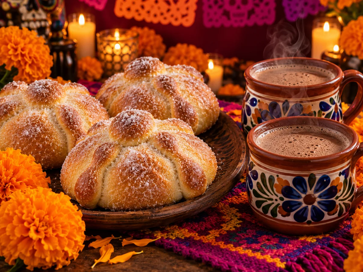 Pan de muerto tradicional junto a tazas de chocolate caliente y flores de cempasúchil
