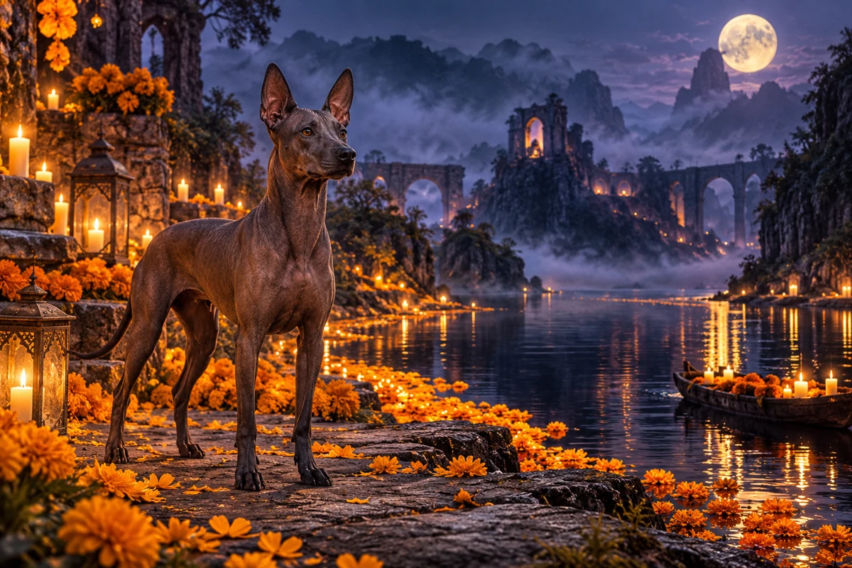 Xoloitzcuintle de cuerpo completo junto a un río, neblina y cempasúchil, en un paisaje inspirado en el Mictlán
